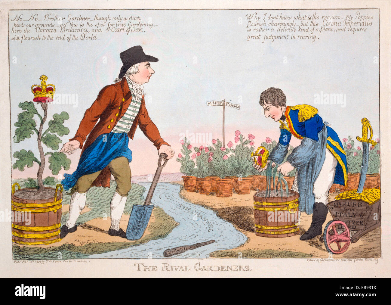 Le rival des jardiniers. Le roi George III d'Angleterre et de Napoléon, j'ai tendance à leurs usines respectives de part et d'autre d'un ruisseau appelé le canal. Une trique a marqué la flotte de chêne. Napoléon se penche sur son trille plante en pot, surmontée d'un cr Banque D'Images