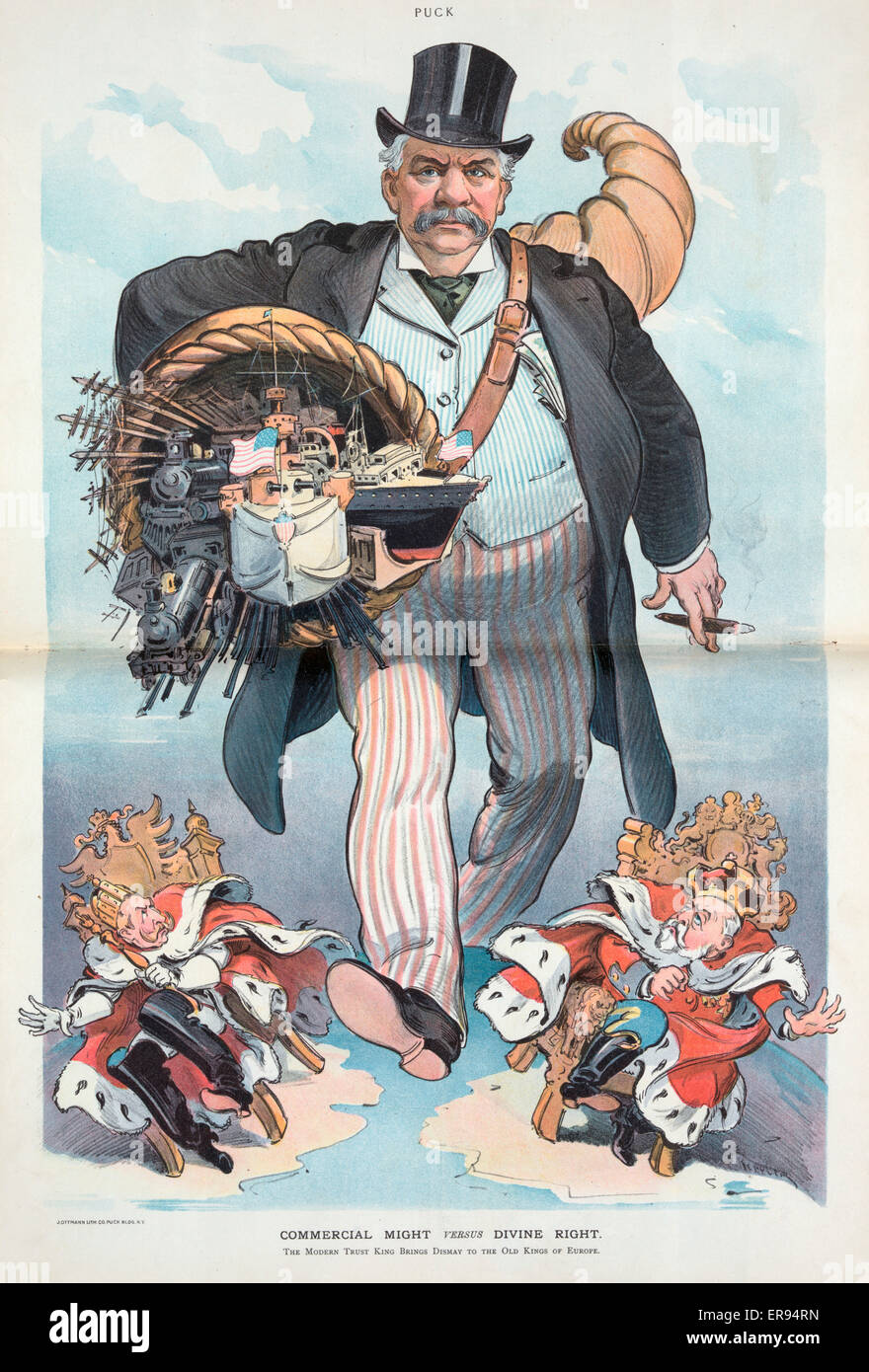 Peut-commercial par rapport à droit divin. L'illustration montre un énorme JP Morgan portant une corne remplie de chemins de fer, navires, des lignes télégraphiques, et des rails d'acier comme des exemples de la vaste gamme de l'industrie ; il contrôle alors qu'il pas en avant, l'Allemand empero Banque D'Images
