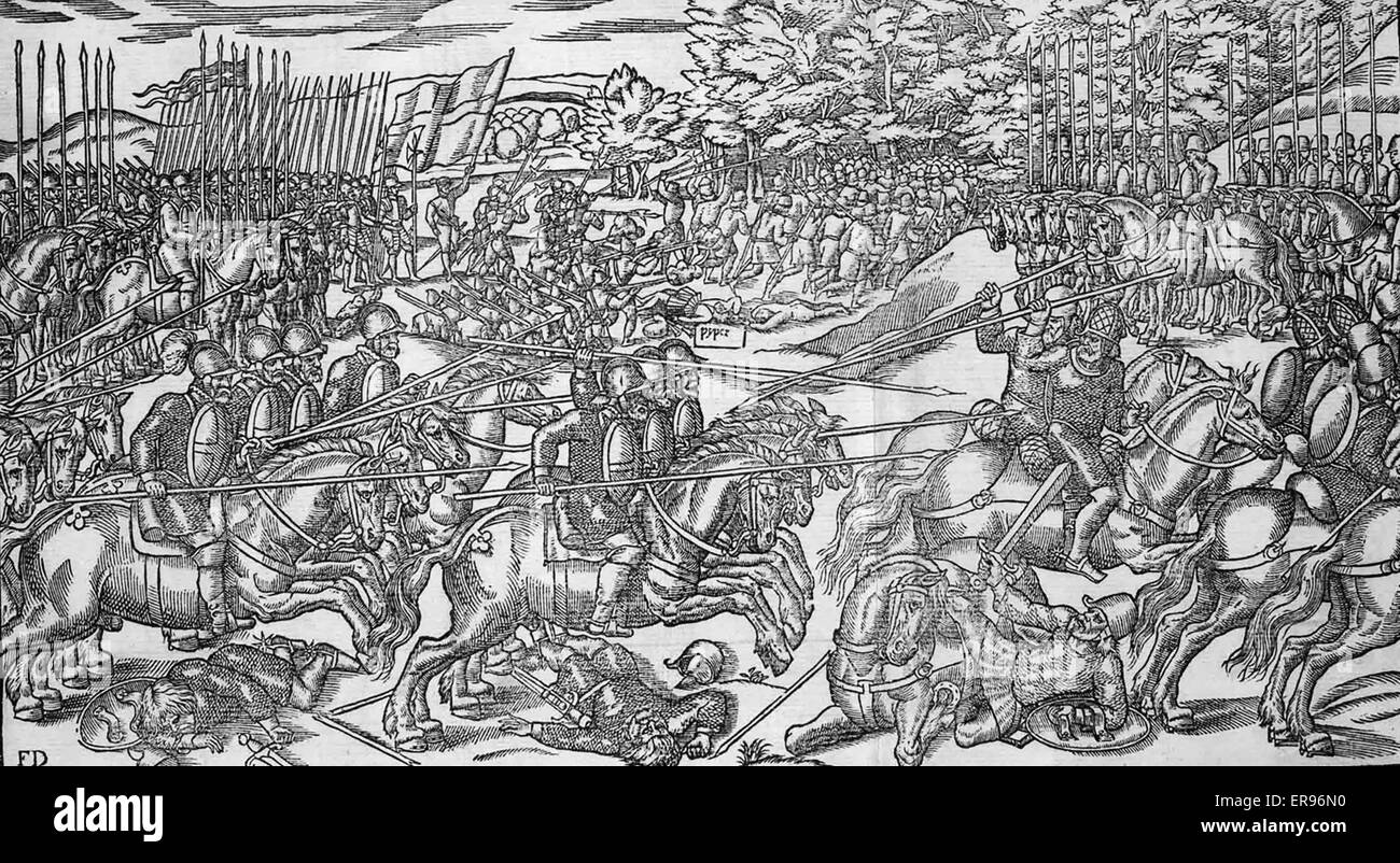IMAGE DE L'Irelande L'une des gravures sur bois de John Derrick publié à Londres en 1581. L'armée anglaise sous le commandement de Sir Henry Sidney mis les Irlandais en fuite. Au centre à la cornemuse joueur est coupé et ses pipes tomber à côté de lui. Banque D'Images