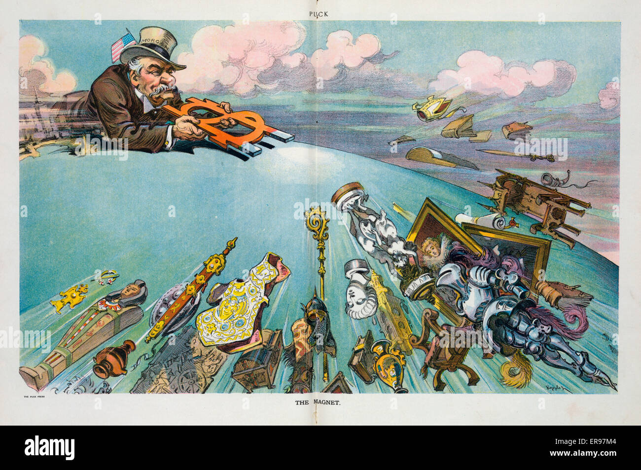 L'aimant. L'illustration montre un JP Morgan situé au bord de l'Amérique, avec un drapeau américain dans son chapeau haut de forme, tenant un gros aimant en forme d'un signe dollar avec lequel il est d'attirer des objets précieux de l'héritage historique et/ou valeur monétaire à lui-même Banque D'Images