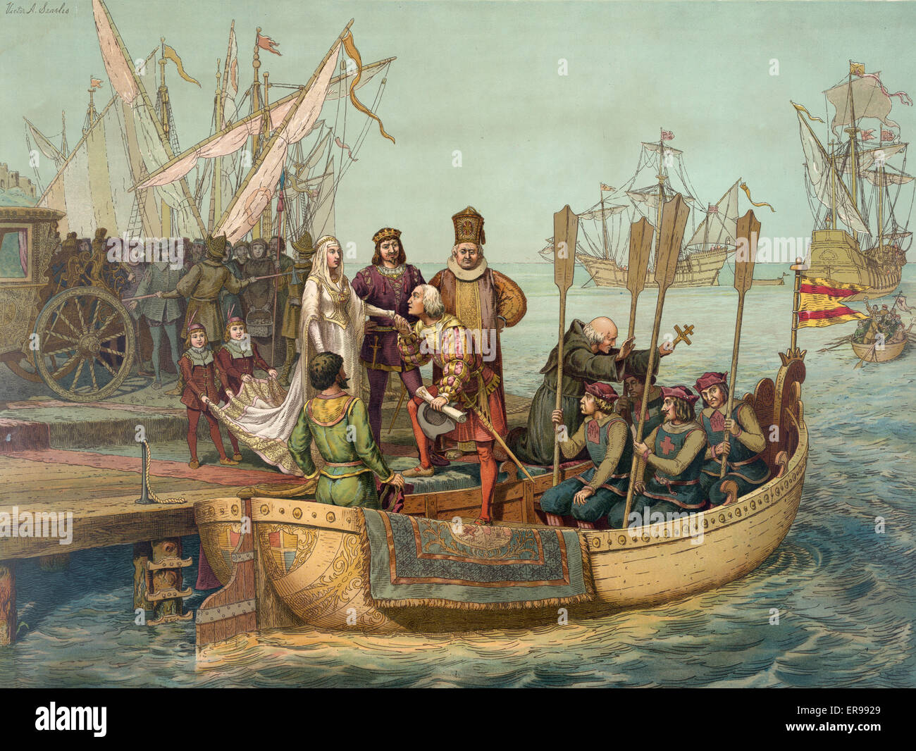 Le premier voyage. Christopher Columbus rend hommage à la reine Isabelle d'Espagne sur son départ pour le Nouveau Monde 3 Août 1492 Banque D'Images