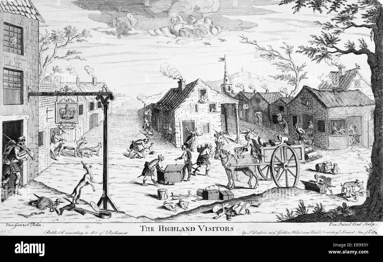 Les visiteurs des Highlands. Un espace ouvert dans une ville où la poste maison est à l'enseigne de l'ancienne couronne, tenu par George King avec vous le meilleur de l'utilisation. Highlanders sont le pillage et d'abuser des habitants dans toutes les directions. Un lointain route est remplie de Banque D'Images