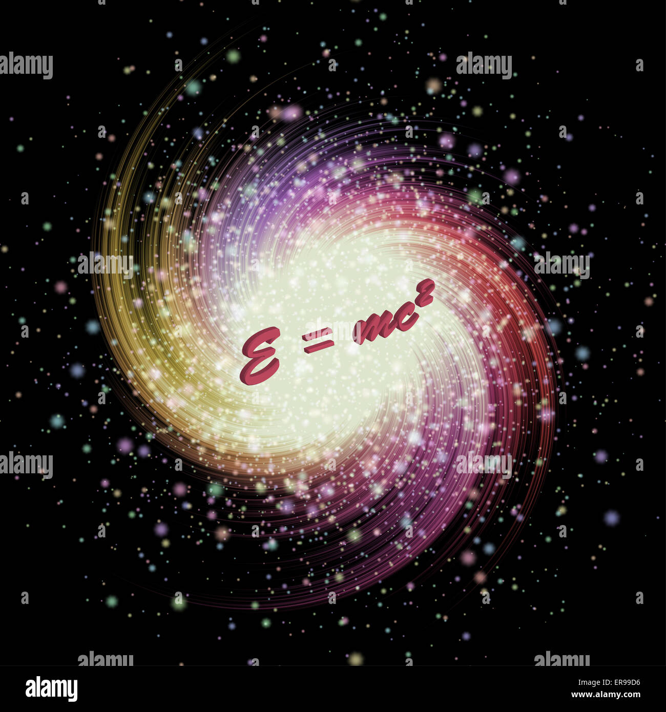 Star de rupture dans une galaxie dans l'espace profond et célèbre formule de la théorie de la relativité. Banque D'Images