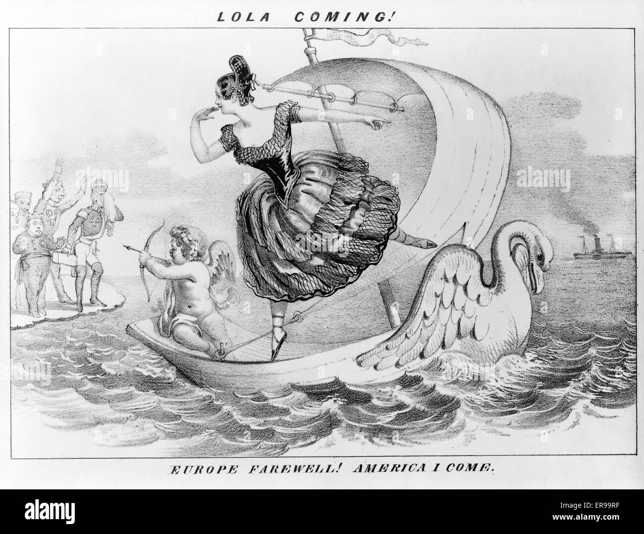 Lola arrive ! Adieu l'Europe ! Je suis originaire de l'Amérique. Caricature de scène de théâtre, montrant Lola Montez et de Cupidon sur swan bateau, avec d'offres européens douloureux au revoir Lola. Date 1852 ?. Banque D'Images