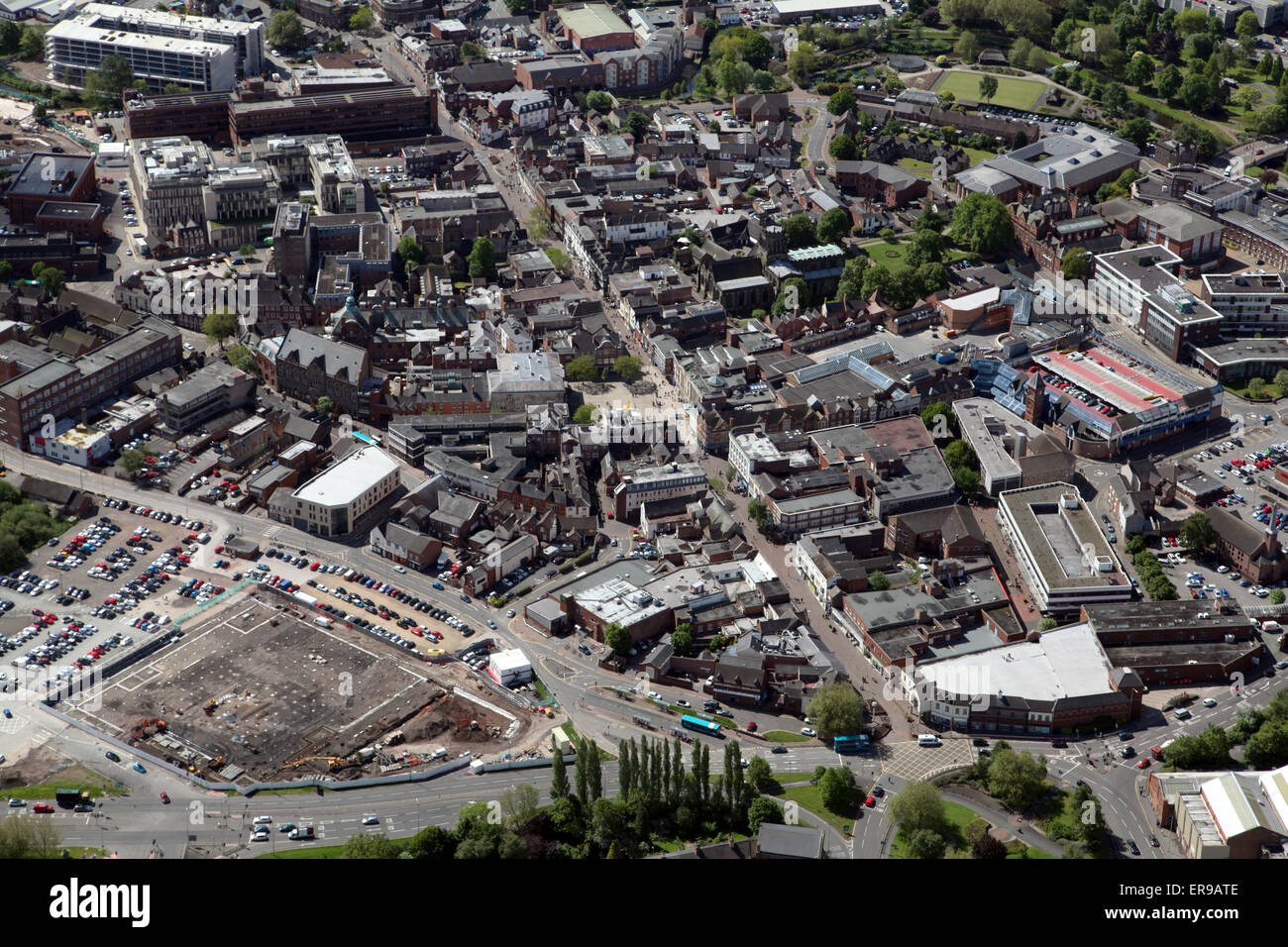 Vue aérienne du centre-ville de Stafford, Staffordshire, Royaume-Uni Banque D'Images