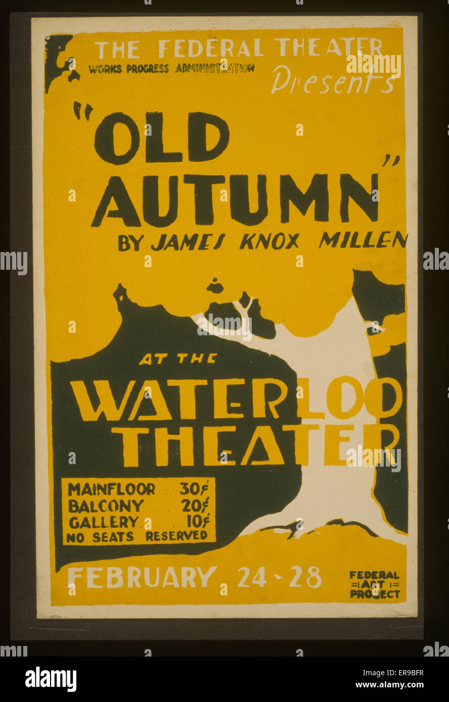 Le gouvernement fédéral présente le théâtre ancien automne par James Knox Millen au Théâtre de Waterloo. Pour l'affiche de présentation du projet théâtre fédéral à l'automne, le Vieux Théâtre de Waterloo, montrant un arbre. 1936 ou 1937 Date. Banque D'Images