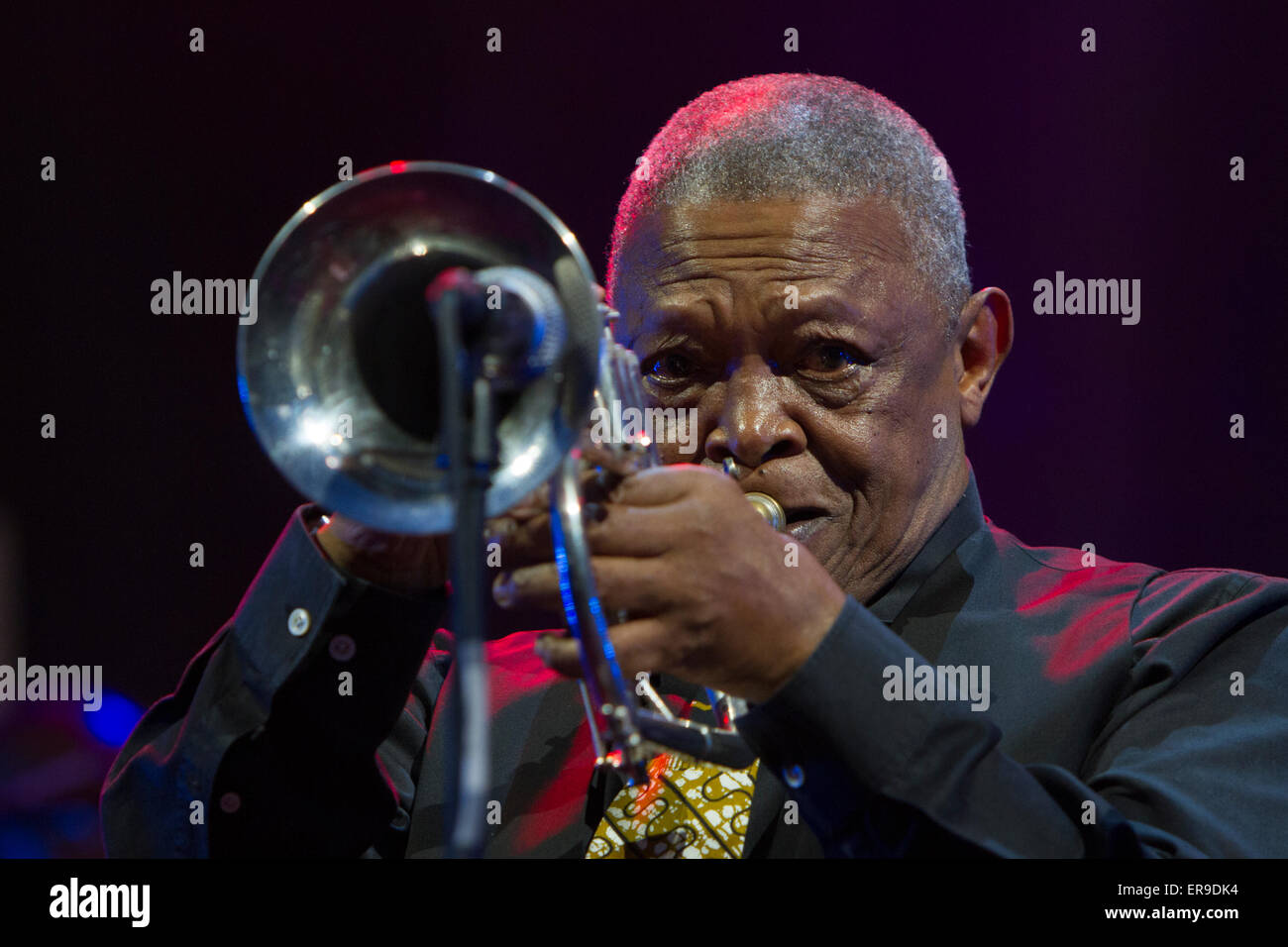 Turin, Italie, le 29 mai 2015. Trompettiste de jazz sud-africain Hugh Masekela en concert au Festival de Jazz de Turin Banque D'Images