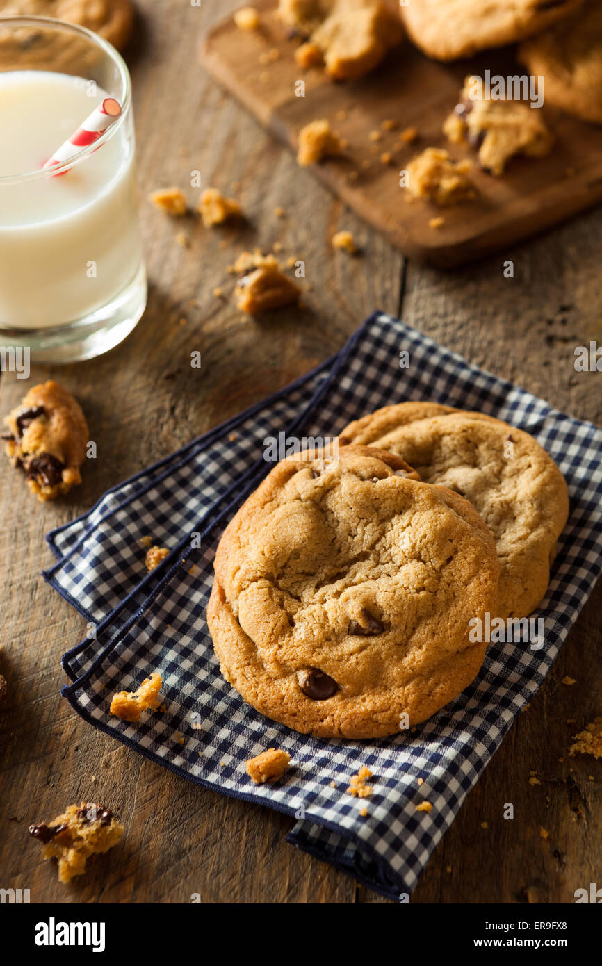 Des cookies aux pépites de chocolat avec des noix et du lait Banque D'Images