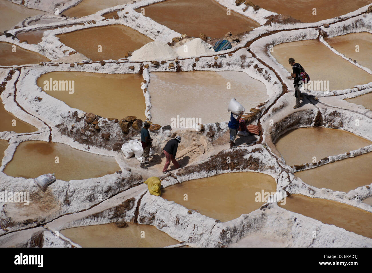 Les personnes travaillant à proximité des étangs de sel de Maras, vallée de l'Urubamba, au Pérou Banque D'Images