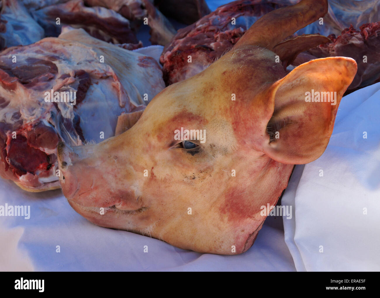 Tête de porc et de la viande à vendre au marché le dimanche, Urcos (près de Cuzco), Pérou Banque D'Images