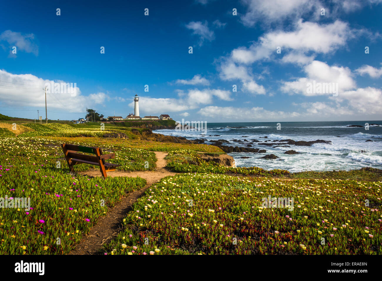 Banc et vue sur Piegon Point Lighthouse à Pescadero, California. Banque D'Images