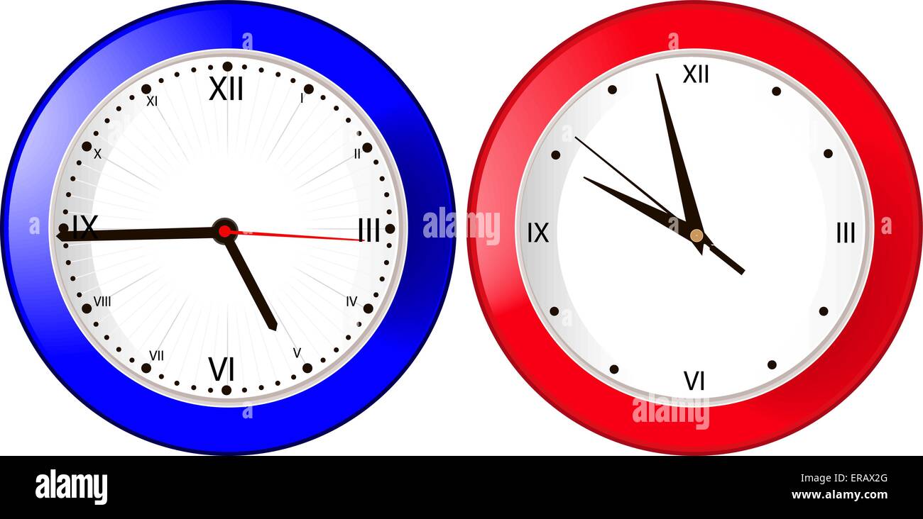 L'horloge murale bleu et rouge sur fond blanc Illustration de Vecteur