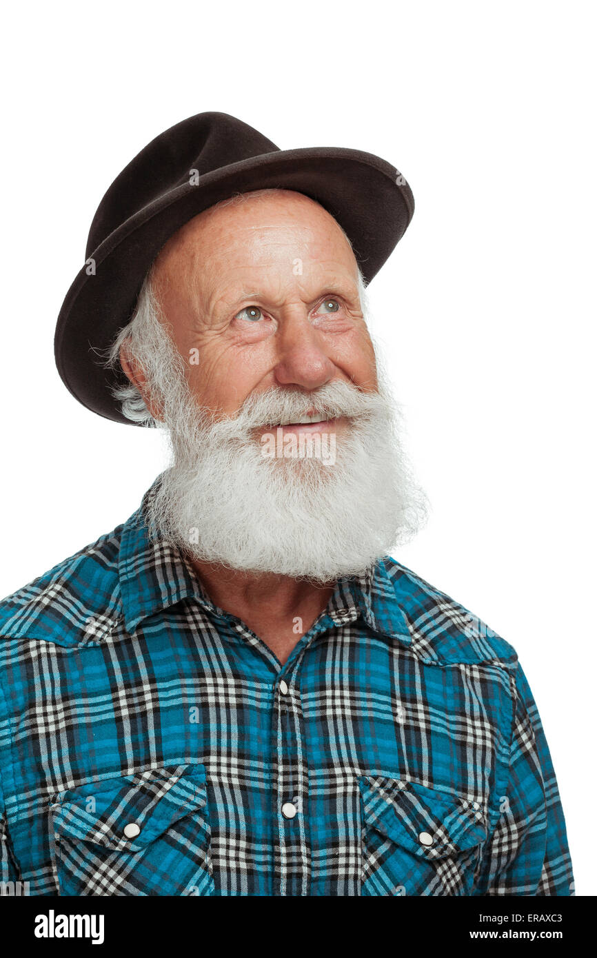 Vieil homme avec une longue barbe sur fond blanc Banque D'Images