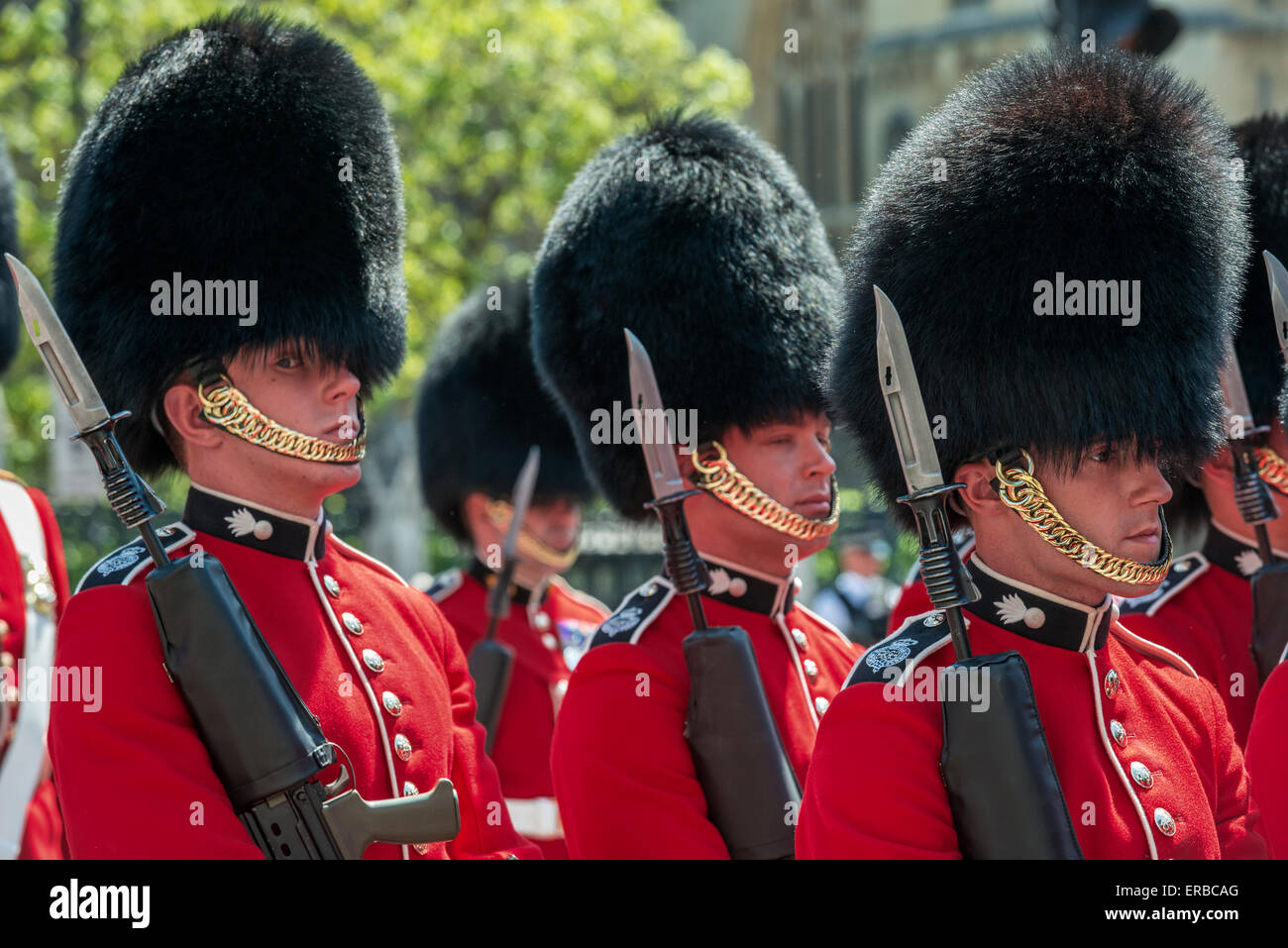 Les soldats de l'Grenadier Guards en uniforme rouge de cérémonie en service à l'état d'ouverture du Parlement sur une journée ensoleillée Banque D'Images