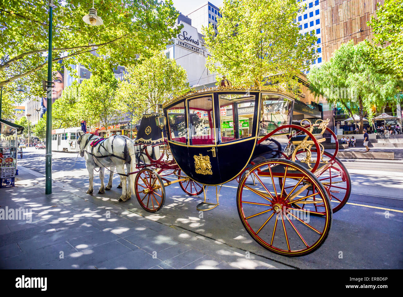 Or doré calèche traditionnelle et des chevaux blancs, des rides le long de Swanston Street, Melbourne, Australie Banque D'Images