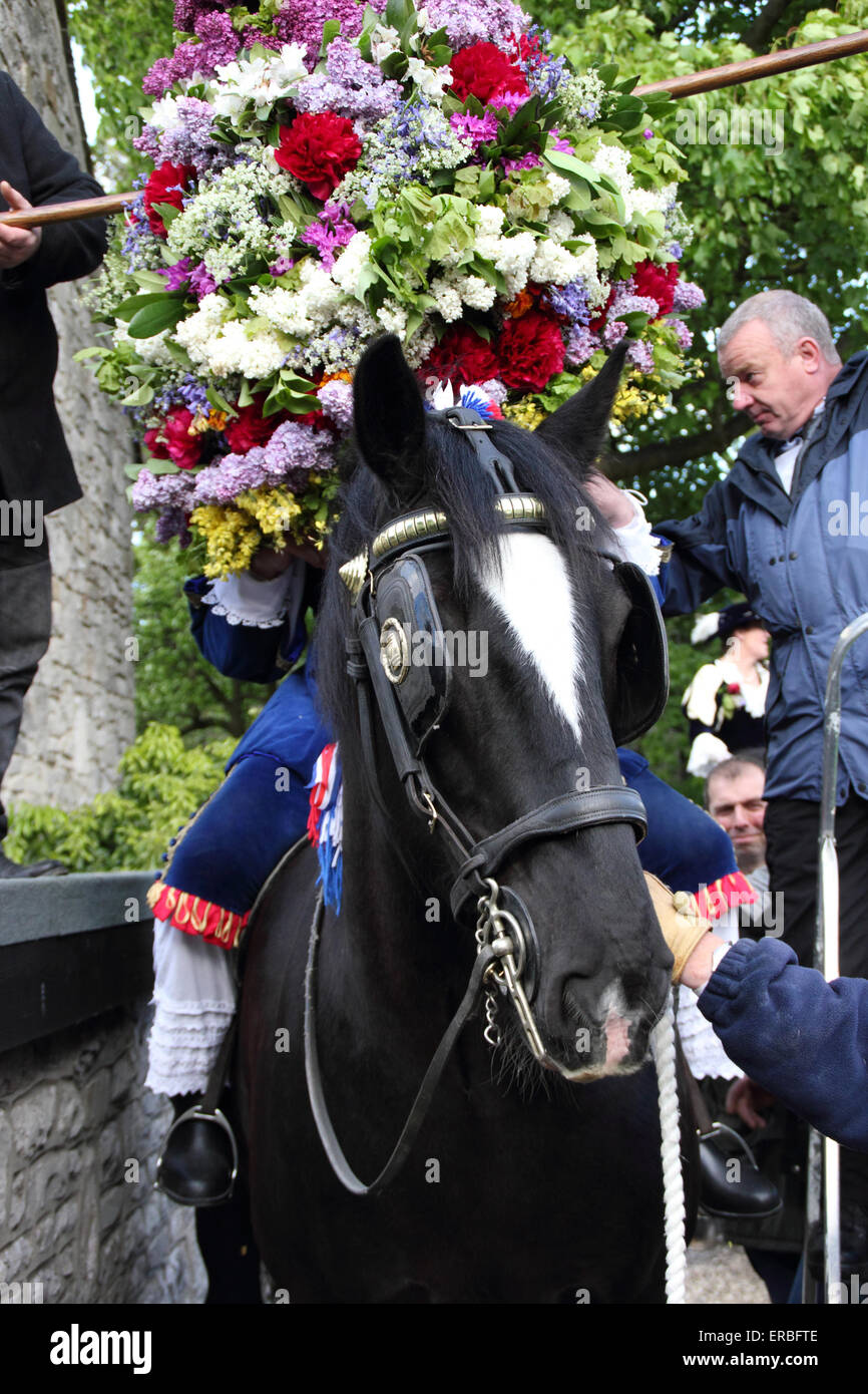 Une coiffe de fleurs est placé sur le roi Garland pour célébrer le Jour de la pomme de chêne dans Castleton, Peak District, Derbyshire, Royaume-Uni Banque D'Images