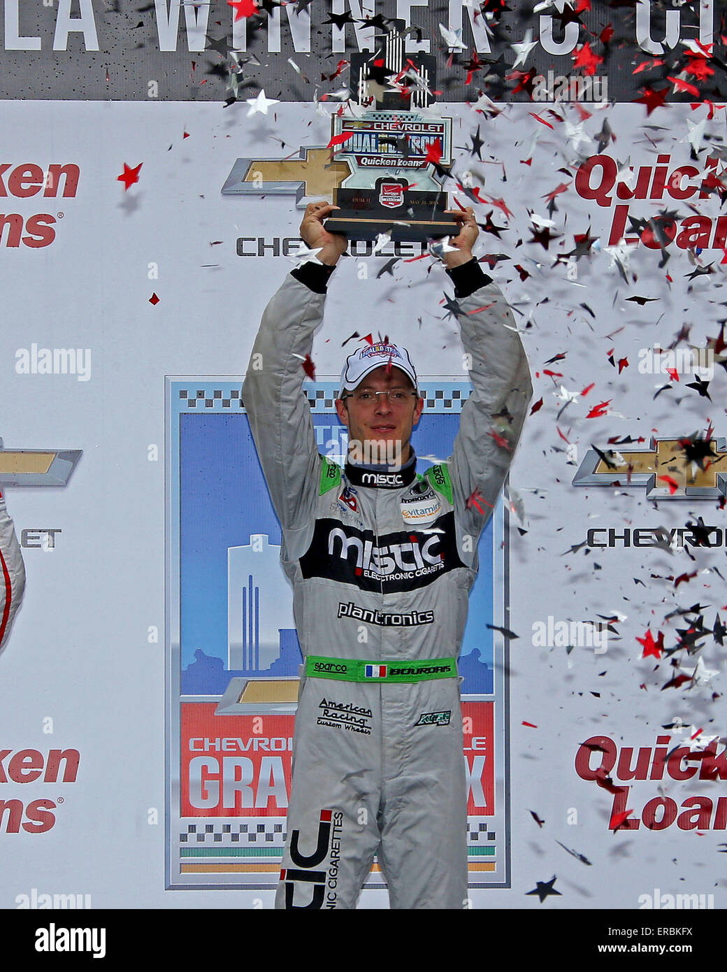 Detroit, Michigan, USA. 31 mai, 2015. 11 Sébastien Bourdais célèbre après avoir remporté la Chevrolet Dual II au parc de Belle Isle à Detroit, MI - Tom Turrill/CSM/ Alamy Live News Banque D'Images