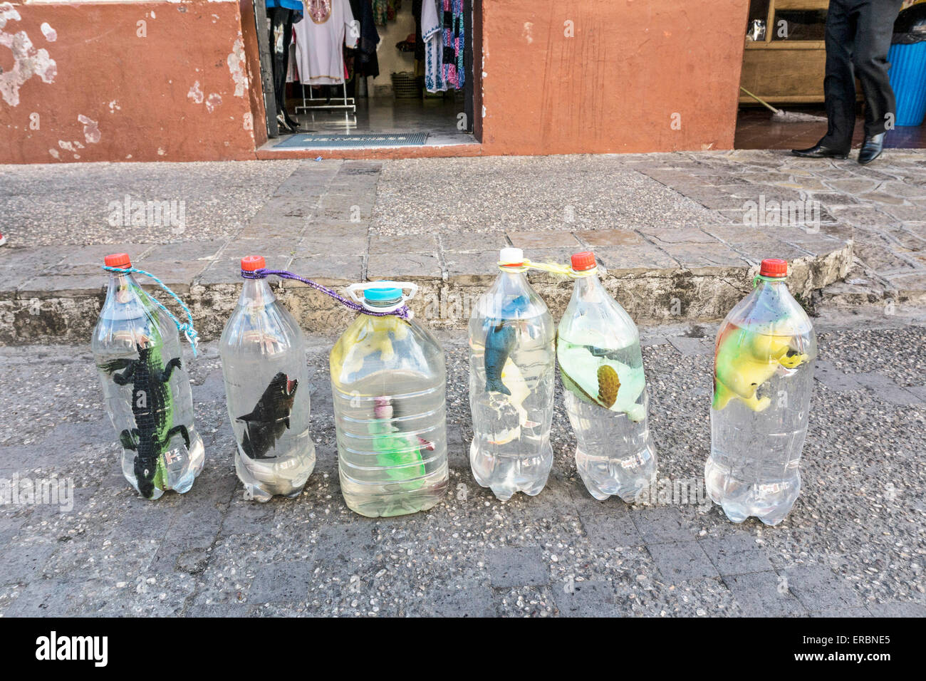 Miniatures Jouet flottant dans des bouteilles recyclées sont amusement faux spécimens aquatiques à vendre à Street San Cristobal de las Casas Banque D'Images