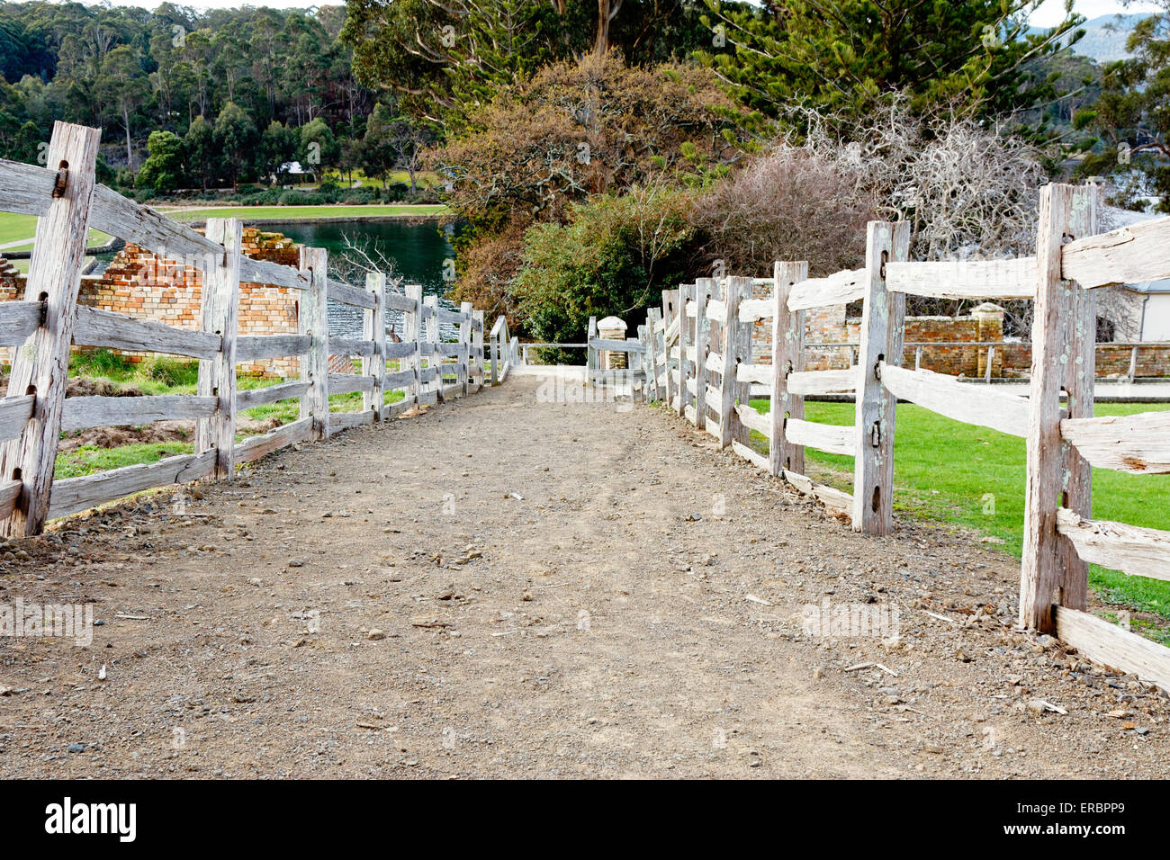 Vieille clôture en bois et chemin de terre Banque D'Images