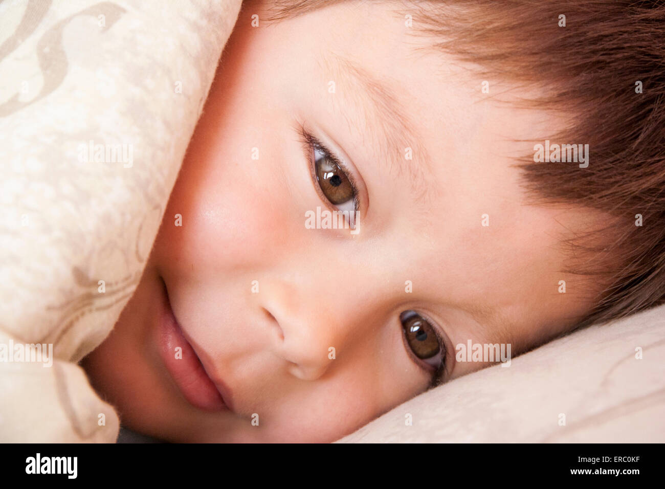 Bebe Garcon 3 4 Ans Les Cheveux Bruns Blottie Dans Le Lit Avec Couette Couvrant Partiellement Visage Alors Qu Il Jette Dehors Side View Close Up Of Face Photo Stock Alamy