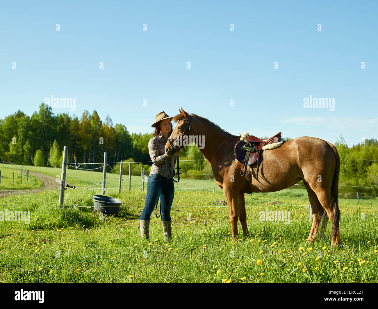 Cowgirl et poney ensemble, belle journée d'été ensoleillée Banque D'Images