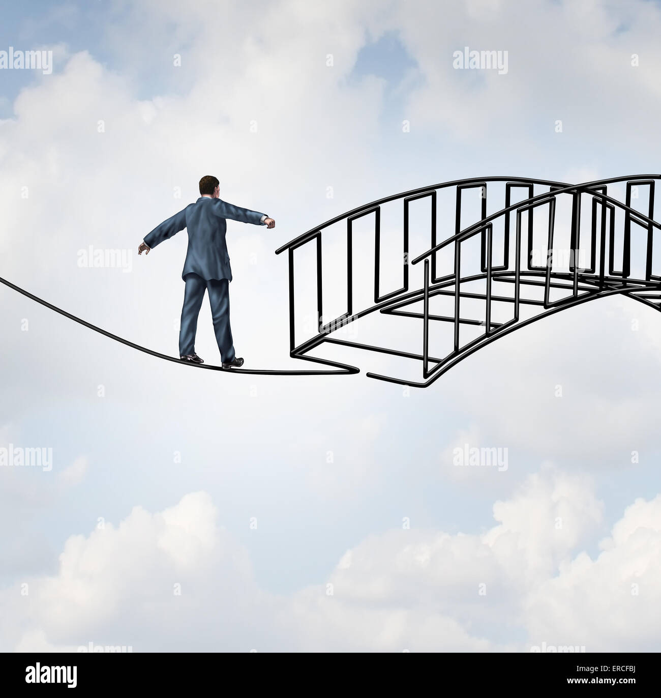 Concept de réduction des risques comme un homme marche sur un fil sur un fil qui devient comme un pont en trois dimensions Banque D'Images