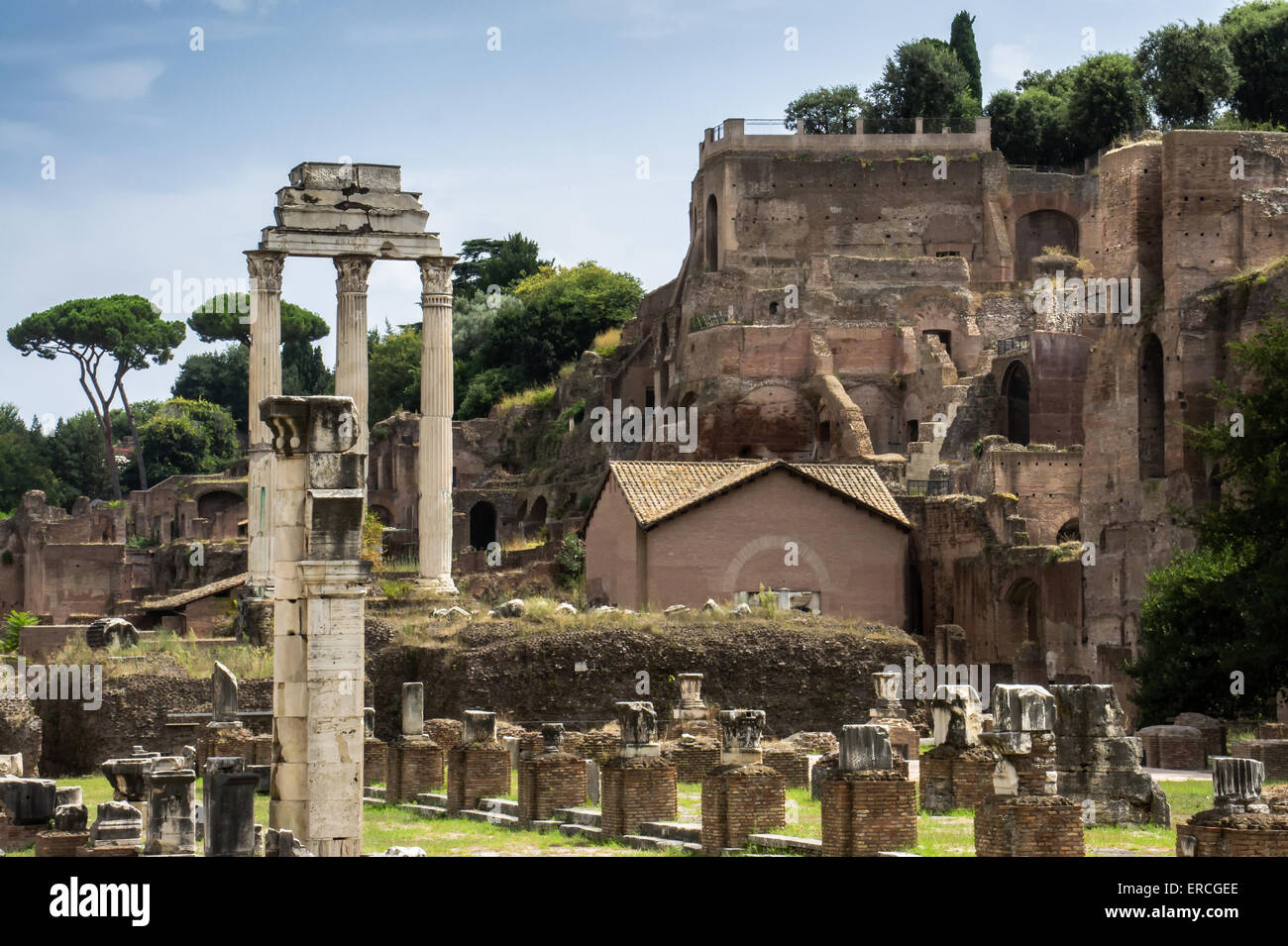 Vue sur le Temple de Castor et Pollux et l'église Santa Maria Antiqua. Banque D'Images