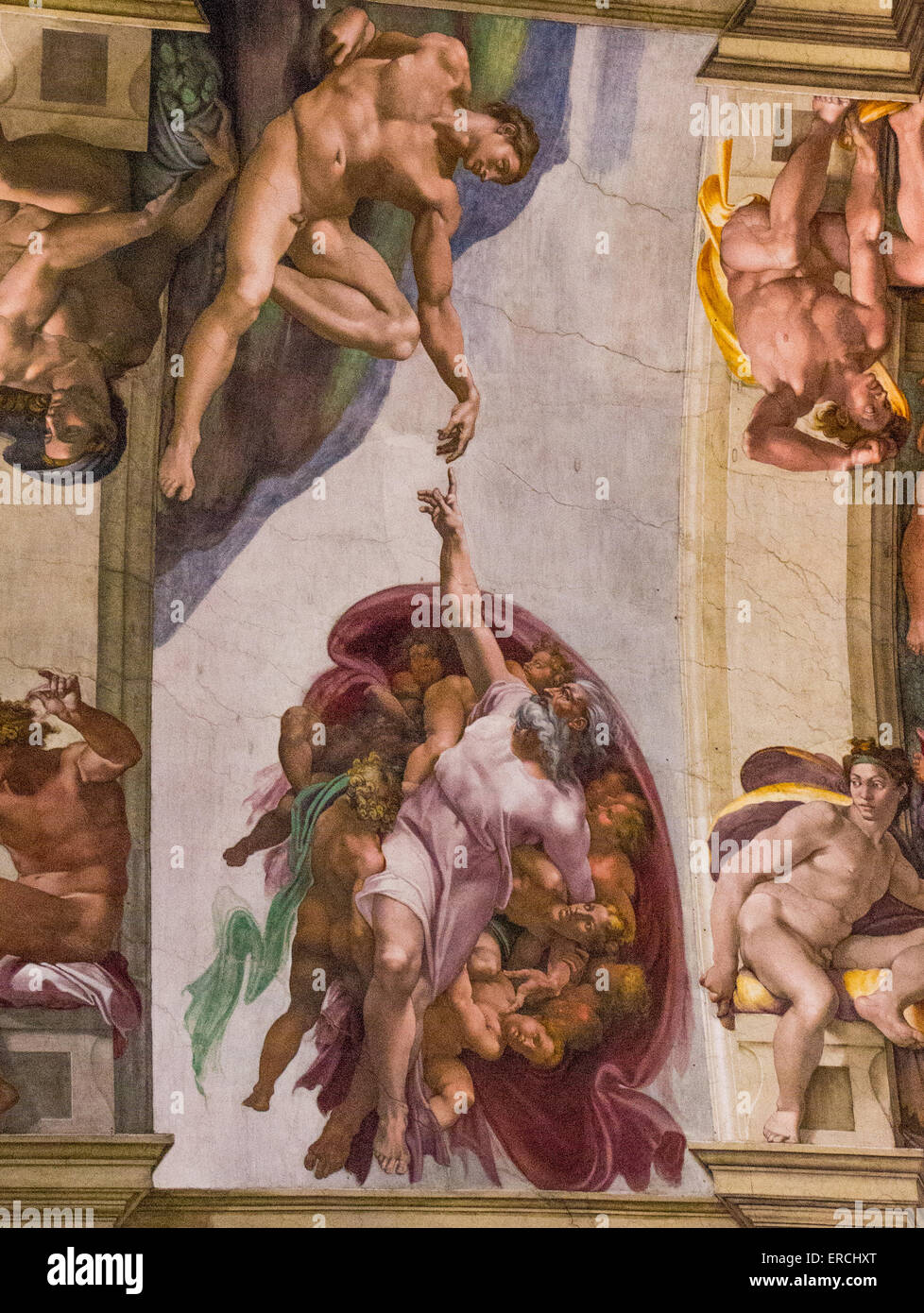 La création d'Adam, à l'intérieur de la Chapelle Sixtine. Banque D'Images
