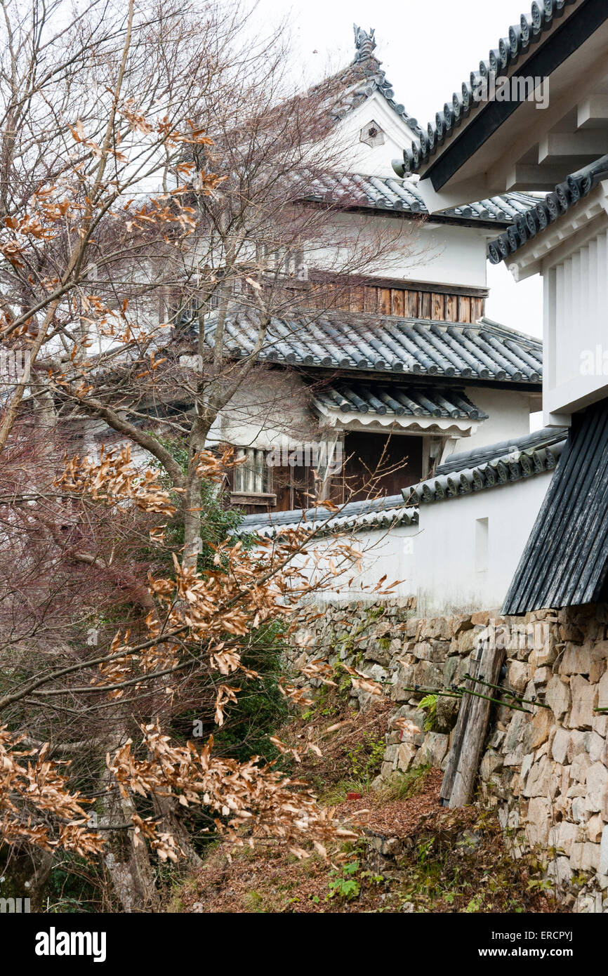 Château de Bitchu Matsuyama au Japon. Vue le long du mur extérieur de honmaru, au-delà du trou de pierre, les murs Dobei à la yagura de deux niveaux ATO-Guruwa, tourelle. Banque D'Images