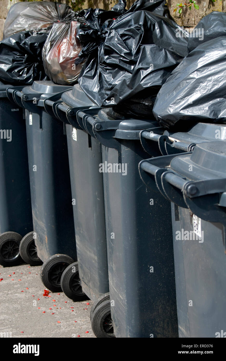 Des images documentaires montrant des poubelles trop plein (avec bac noir-recouvrements de déchets empilés au-dessus. Banque D'Images