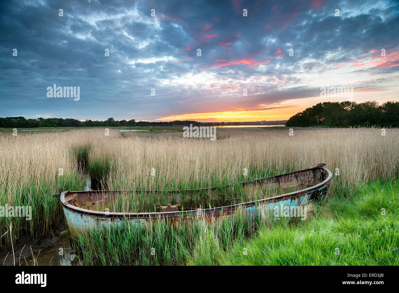 Superbe magnifique lever de soleil sur un vieux bateau de pêche en roseaux au port de Poole, dans le Dorset Banque D'Images