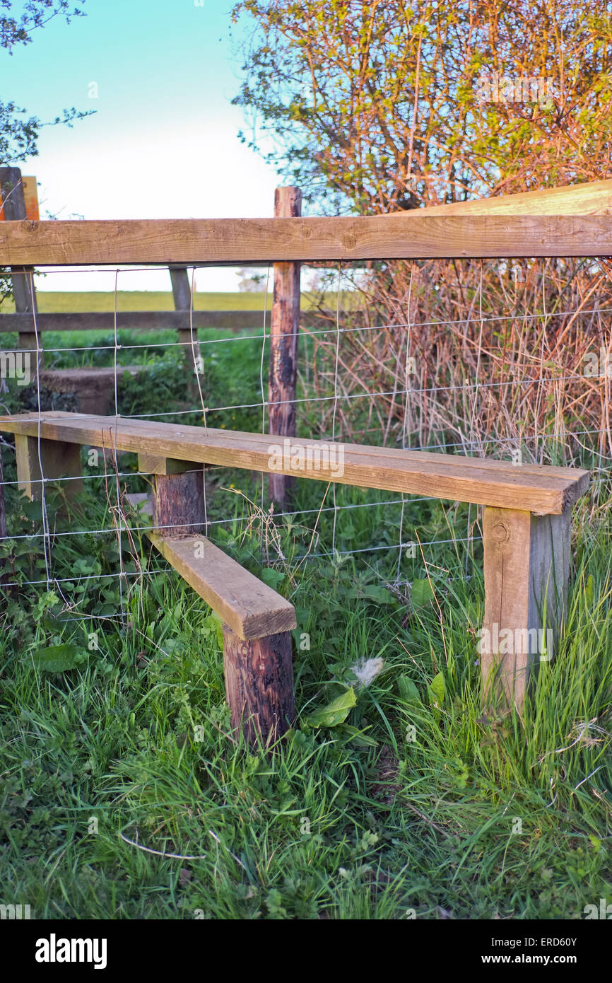 L'étape au cours de clôture sur sentier public dans la campagne du Northamptonshire Banque D'Images
