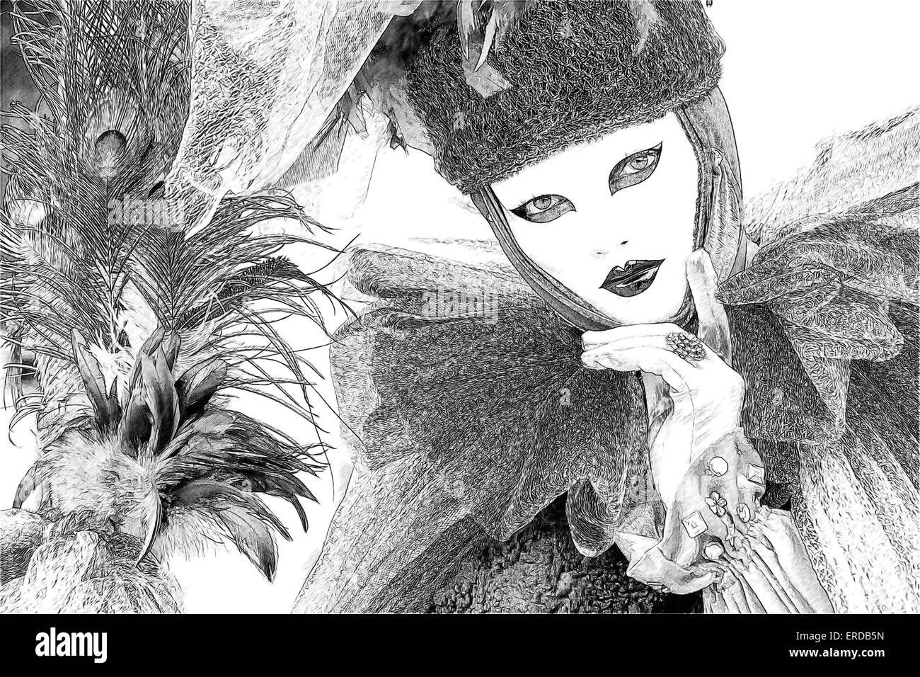 Dessin au trait noir et blanc photo illustration de femme en costume à froufrous avec baguette à plumes célèbre Carnaval de Venise. Banque D'Images