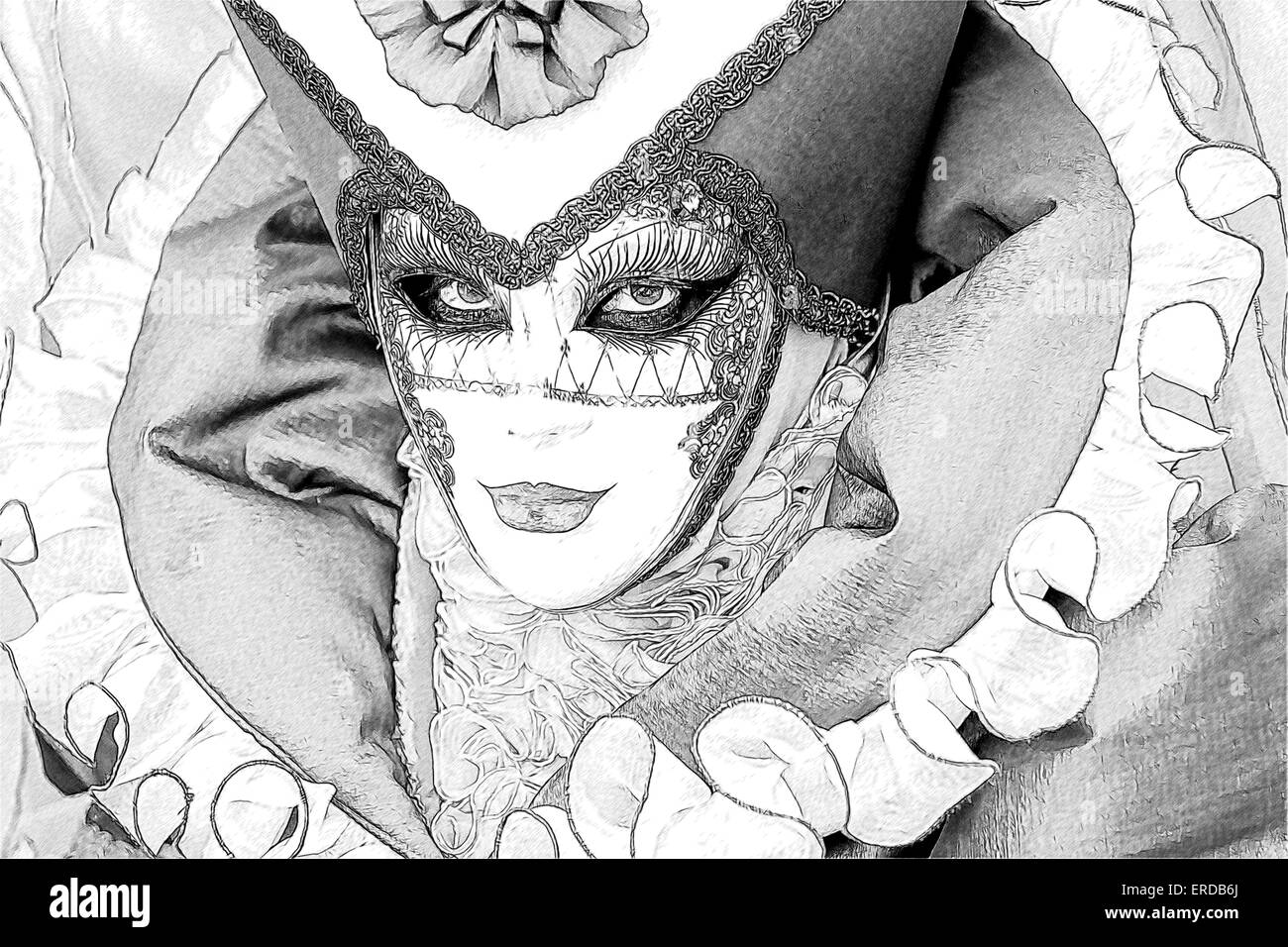 Photo stylisée croquis noir et blanc d'une femme dans un masque et ruff pendant le Carnaval de Venise. Banque D'Images