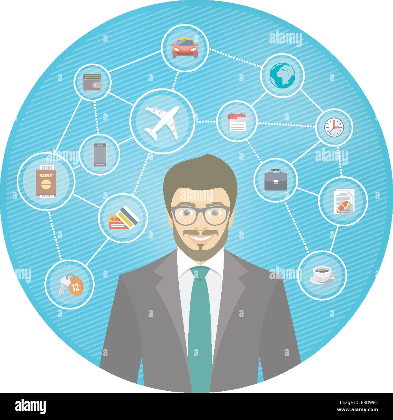 Télévision moderne illustration conceptuelle de young smiling businessman in a suit avec des icônes sur fond rond à rayures bleu Illustration de Vecteur