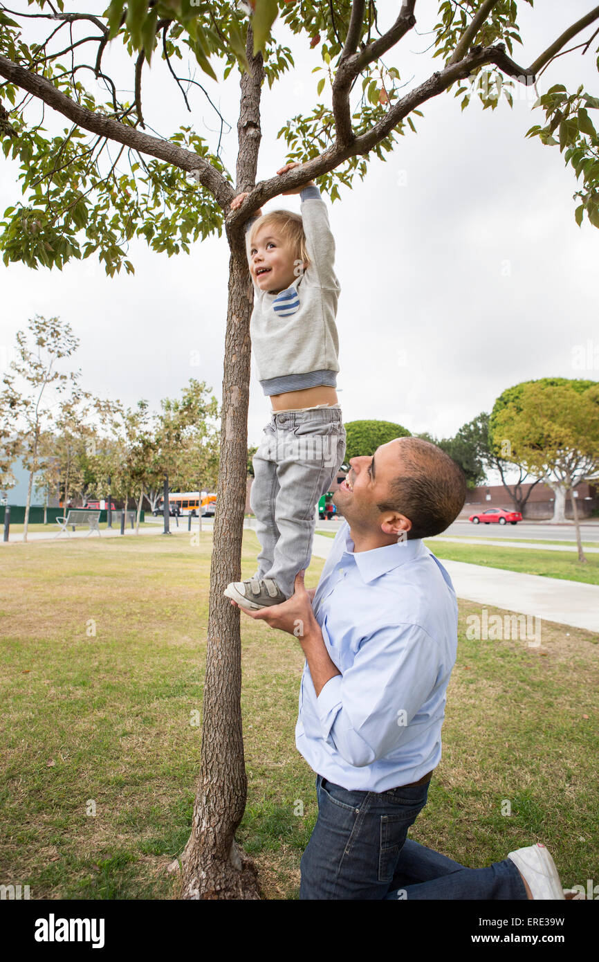 Hispanic father and son playing on tree in park Banque D'Images