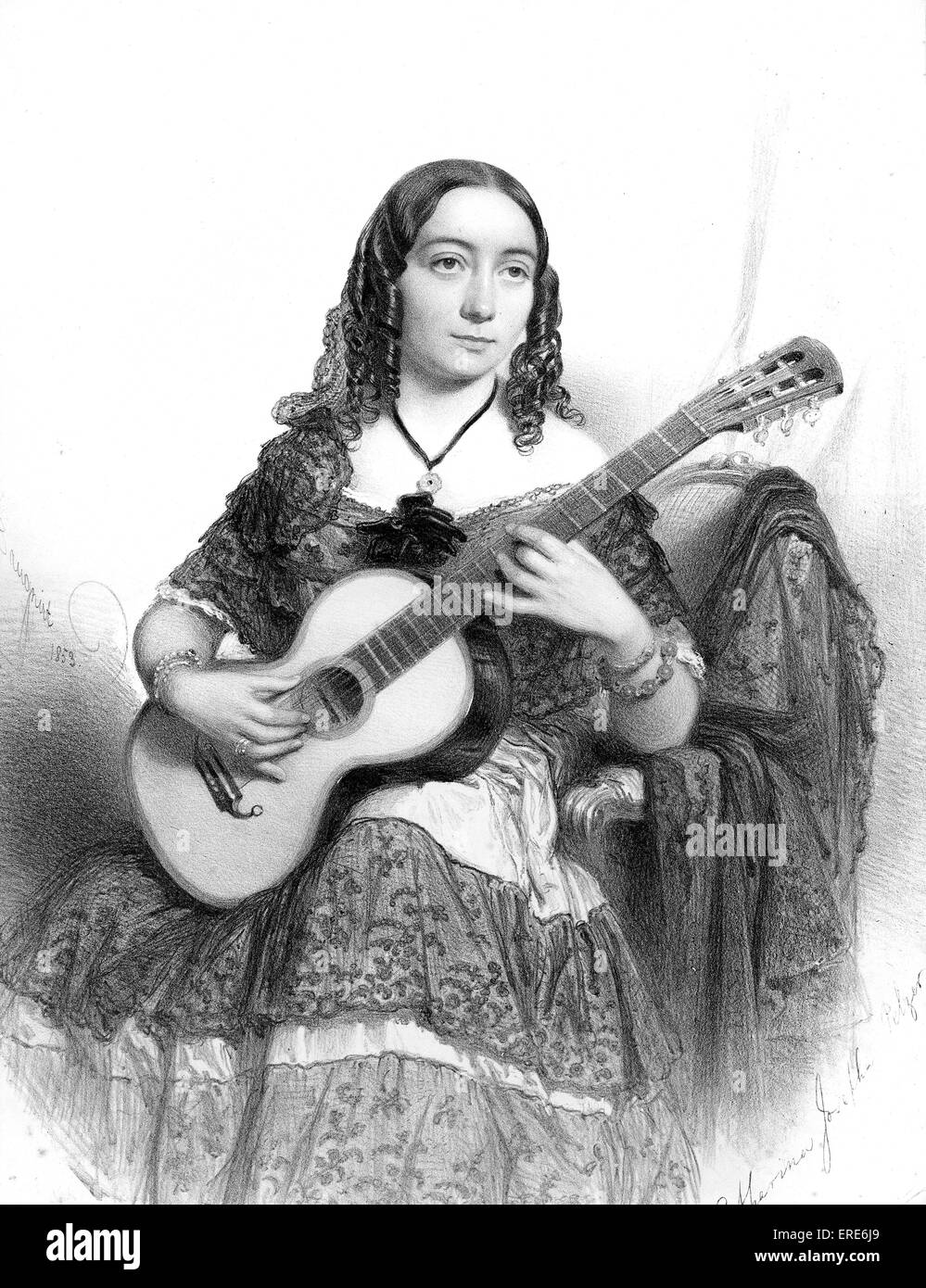 Josepha Catherina Pelzer assis dans un fauteuil à jouer la guitare. Lithographie de Charles Baugniet, 1853. , Guitariste, compositeur Banque D'Images