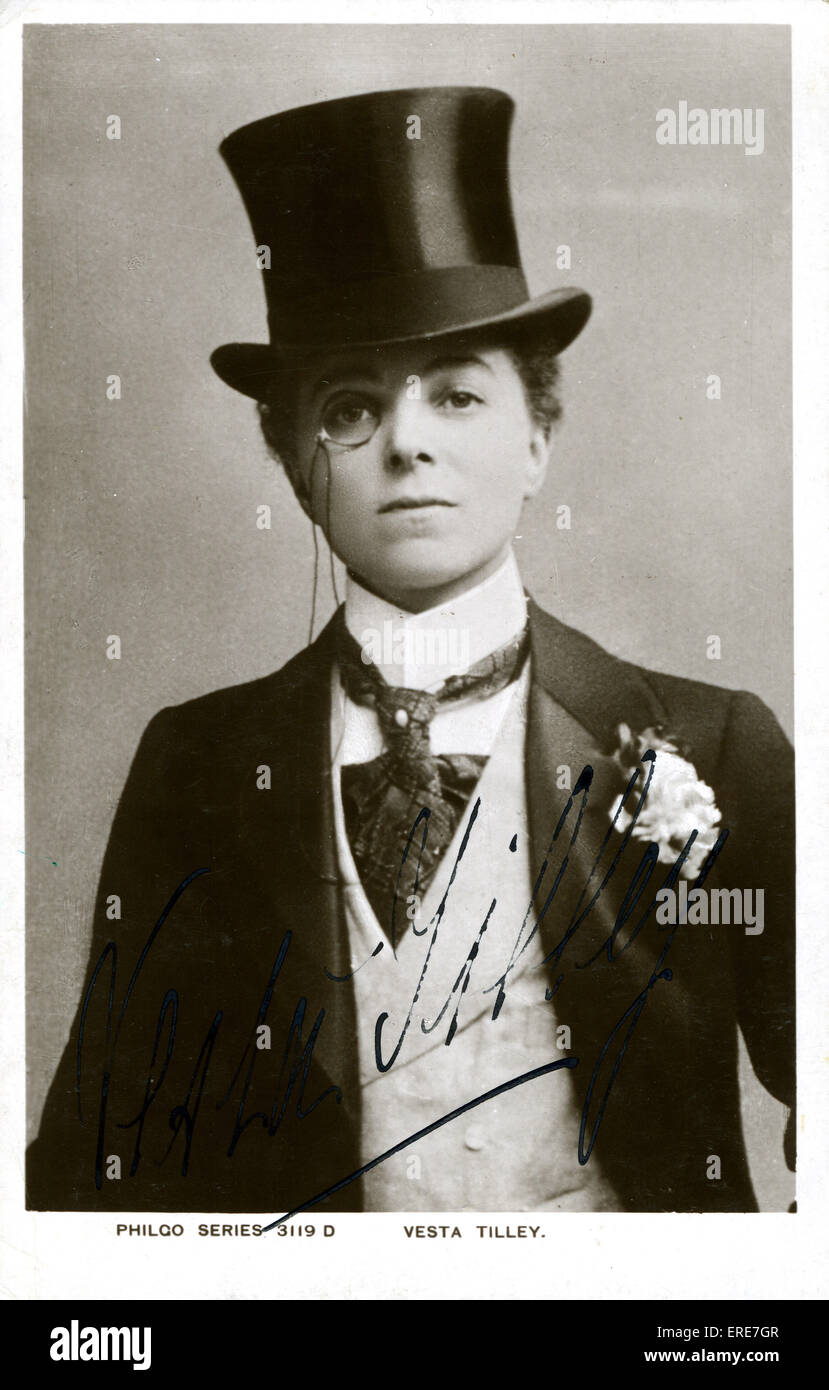 Vesta Tilley portrait, portant un chapeau haut-de-forme et monacle. Carte  postale autographe. VT : anglais, 13 mâles imposteur - 16 mai 1864 Photo  Stock - Alamy