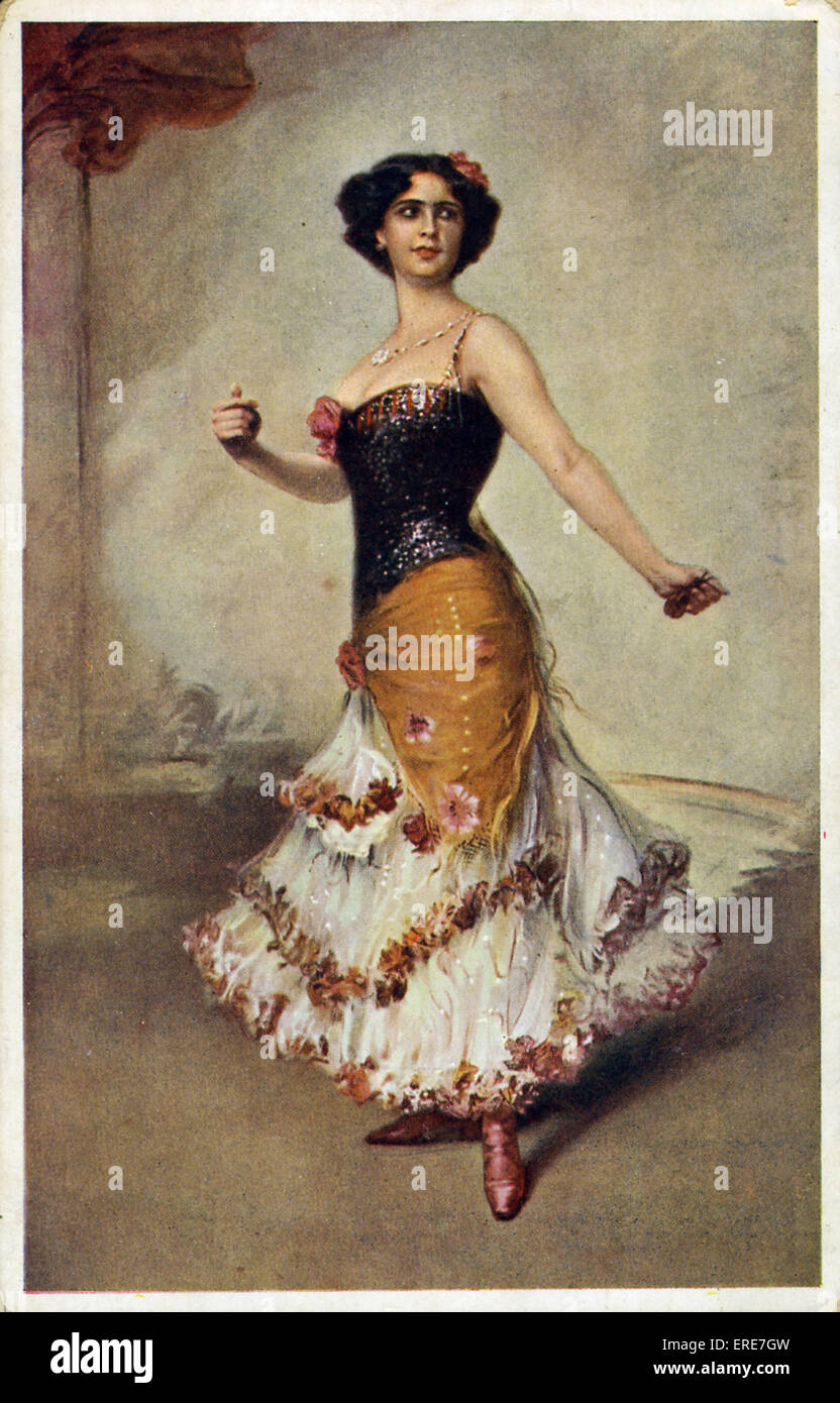 Danseuse espagnole avec des castagnettes. Carte postale en couleur, publié à Kiev. Au début du xxe siècle. Banque D'Images