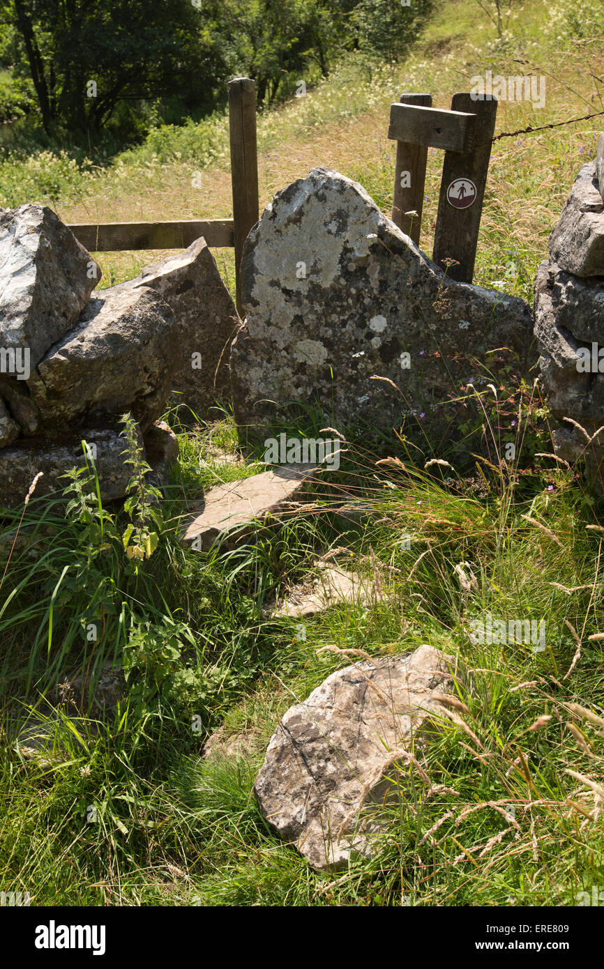 Royaume-uni, Angleterre, Staffordshire, Dovedale, étroite stile de pierre mur de pierre sèches au-dessus de rivière Dove Banque D'Images
