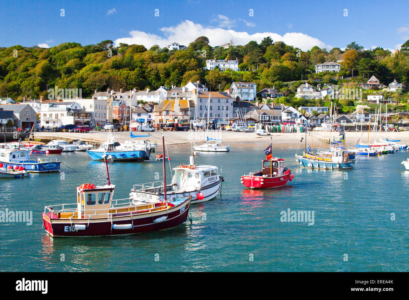 Un assortiment de bateaux colorés à Lyme Regis, sur la côte jurassique, Dorset, England, UK Banque D'Images