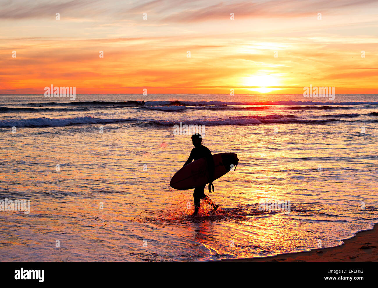 Silhouette d'un surfer avec une planche de surf sur la plage au coucher du soleil. Portugal Banque D'Images
