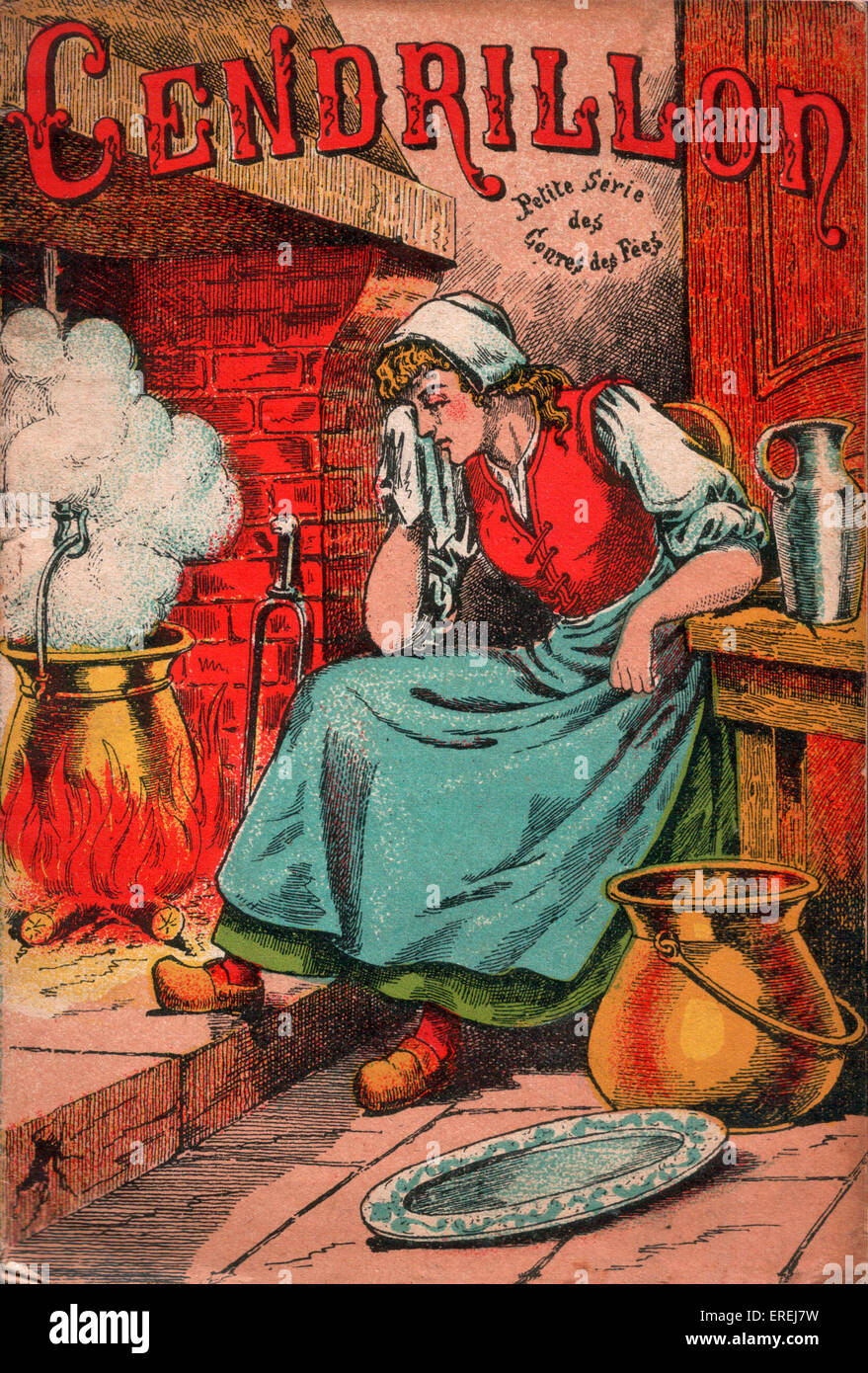 Couverture de l'édition française de Cendrillon, c. 1913. Cendrillon est représenté de pleurer au coin du feu. Banque D'Images