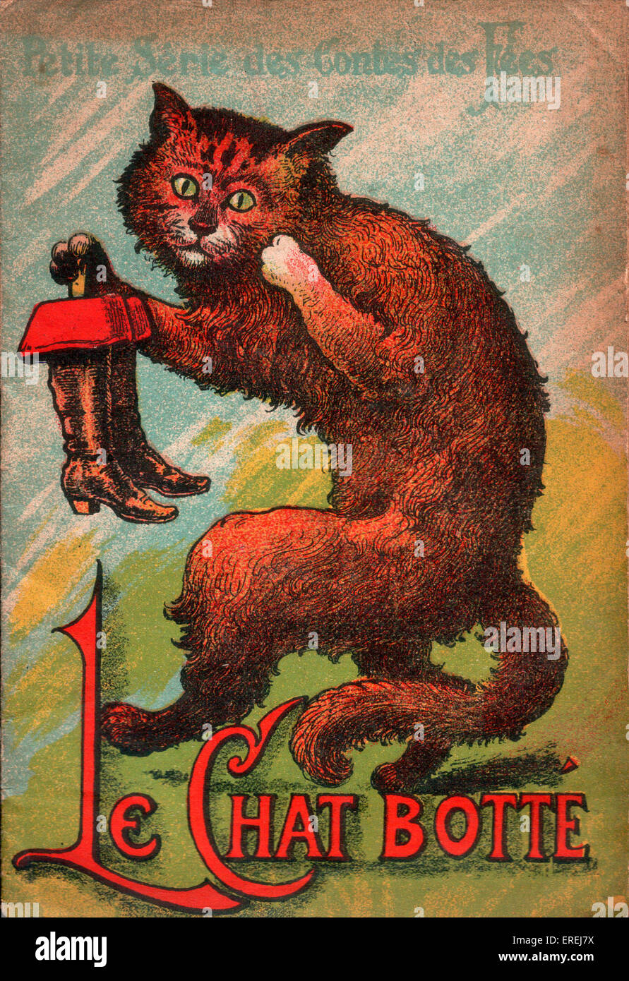 Couverture de l'édition française de Puss in Boots, ch. 1913. Puss est représenté tenant la paire de bottes magiques. Banque D'Images