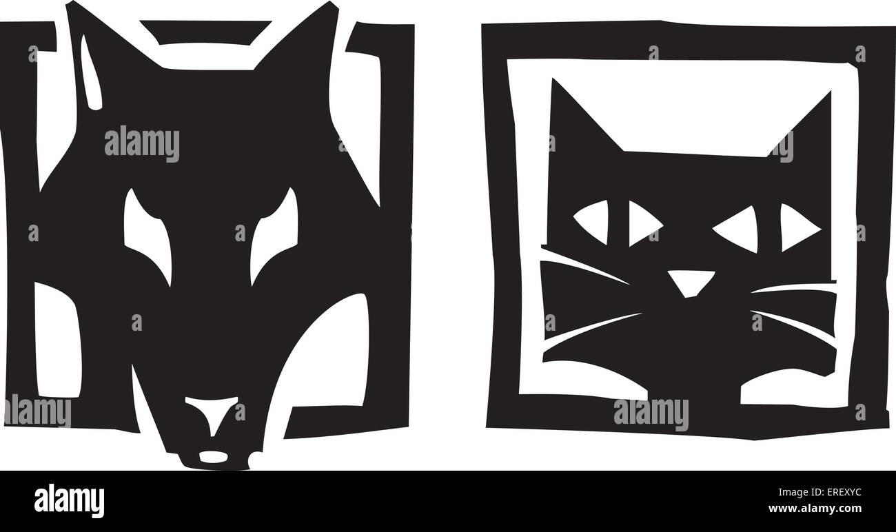Image style gravure sur bois ou des icônes d'un chien et chat et Illustration de Vecteur