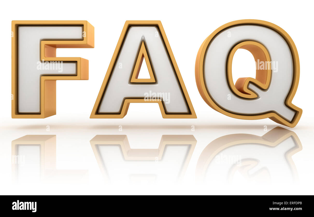 FAQ - Foire aux question abréviation, signe une lettre d'or isolé sur fond blanc Banque D'Images