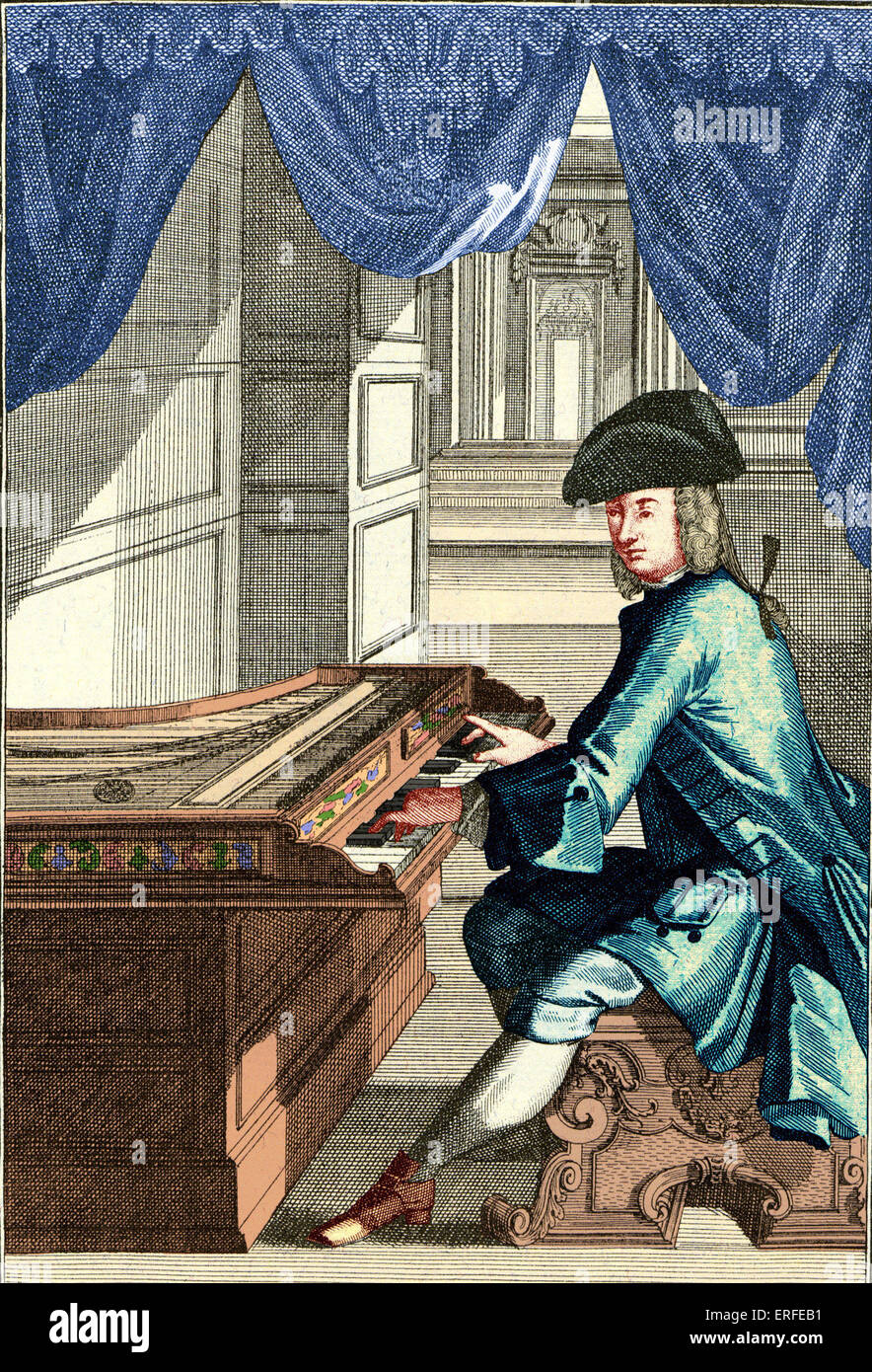 Homme jouant le clavecin. Gravure par J.C. Weigel (1661-1726) de la "usicalisches Theatrum' . (Glavicimbal Clavicymbal), c.-à-d. Banque D'Images