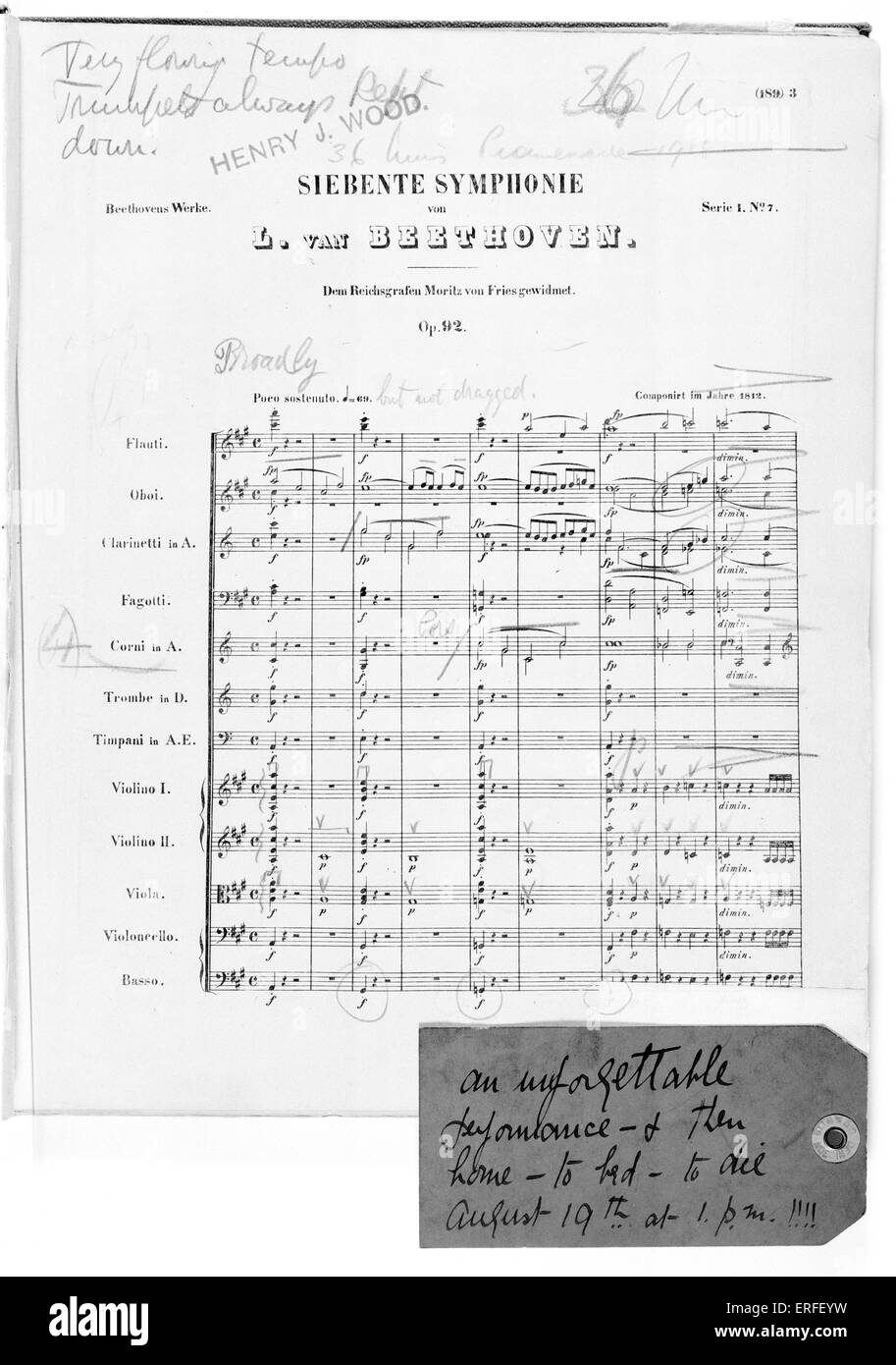La Septième Symphonie de Beethoven, la première page, avec note de Henry J Bois. Compositeur allemand, 1770-1827. Ludwig van Beethoven. Banque D'Images