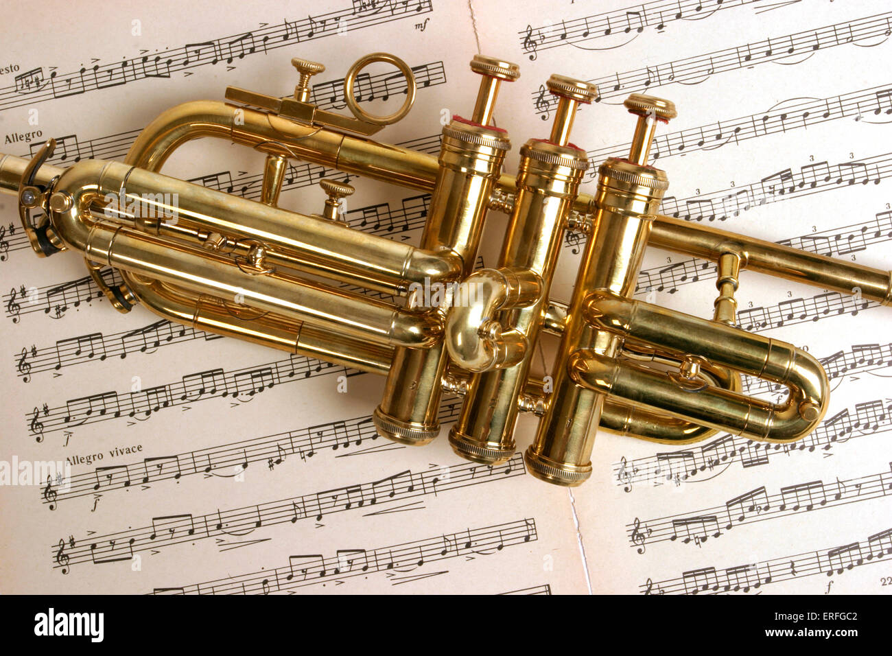 Fanfare trompette, trompette ou rituelles, close-up, dans le corps  principal de l'instrument, reposant sur des partitions de musique.  Également connu sous le nom de Aida Photo Stock - Alamy