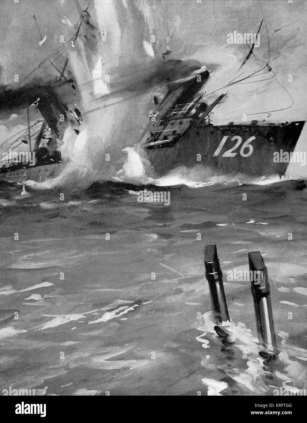 La Première Guerre mondiale- E Sous-marin9 coulant un destroyer allemand. À partir de 'Le Livre rouge de la guerre" par Herbert Strang. C.1916 Banque D'Images